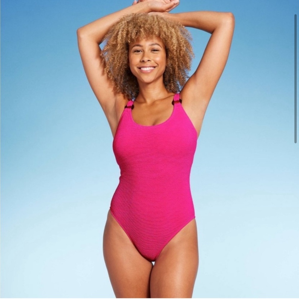 Shade & Shore Vibrant Pink Square Neck High Leg Swimsuit